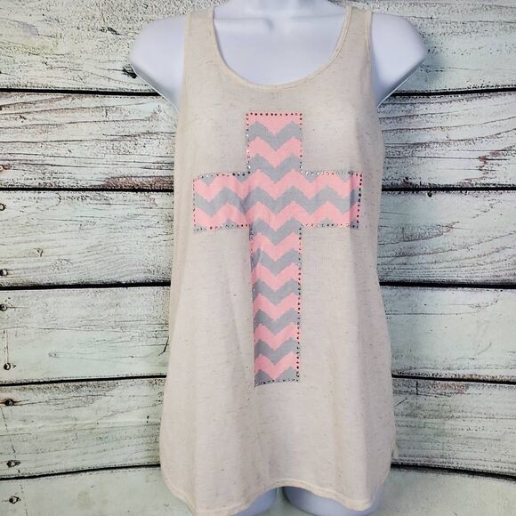 Vanity Women’s Racerback Tank Top Medium Ivory Lace Back Cross Graphic - Picture 1 of 6